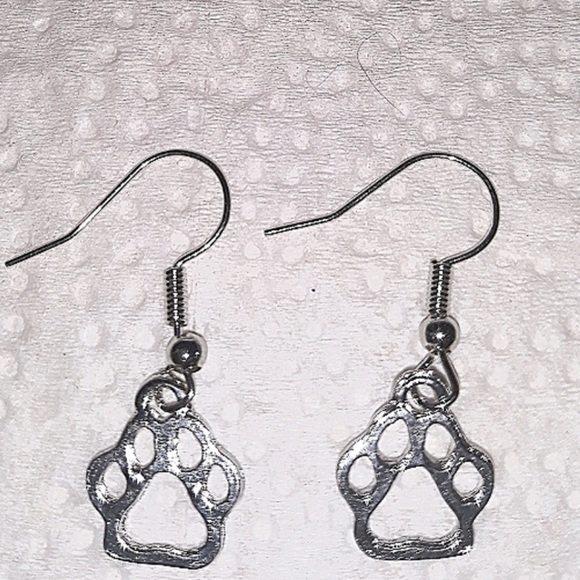 Handmade Silver Paw print Dangle Earrings Small Silver dog cat Paw charms NEW - Picture 1 of 6